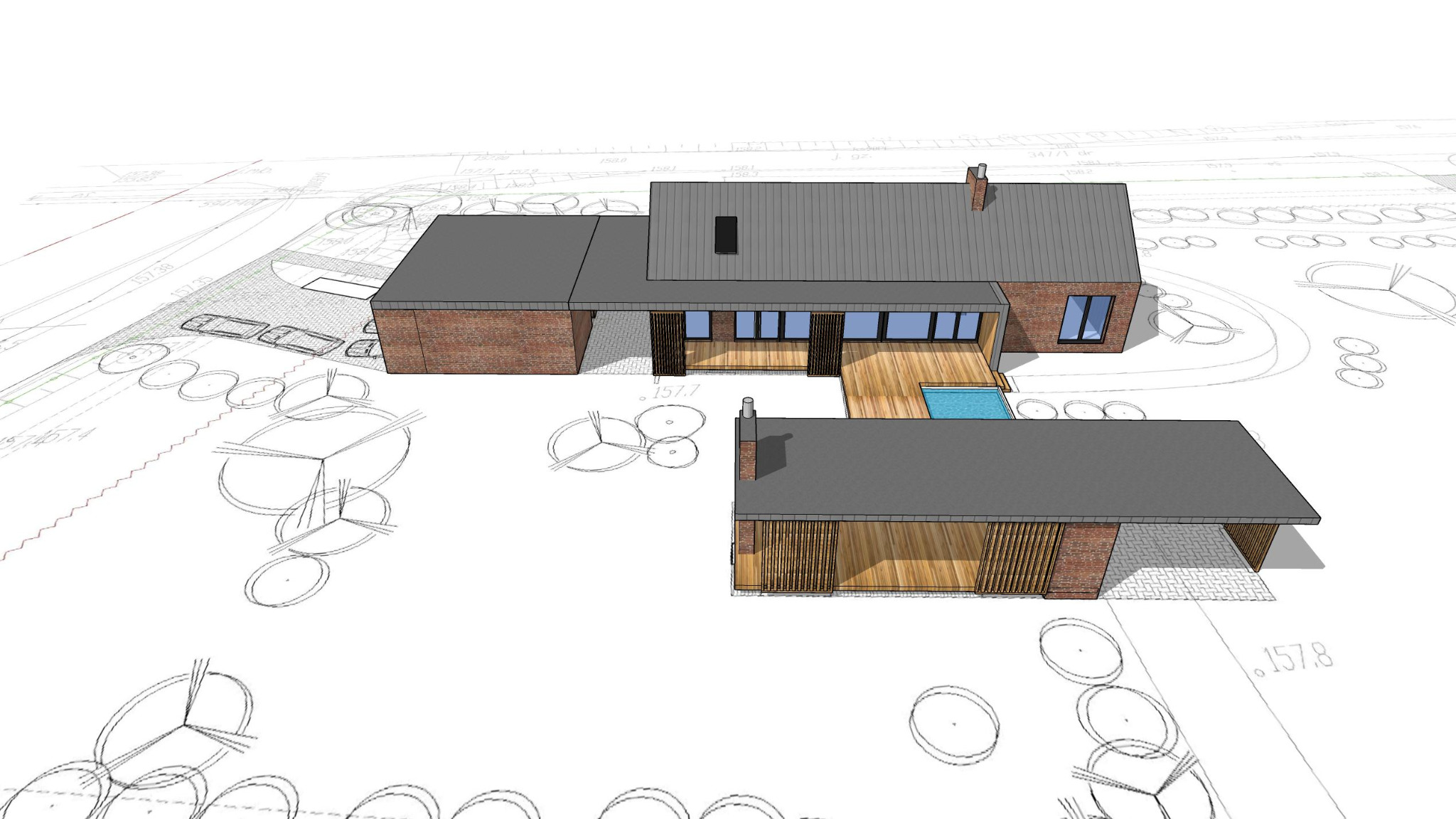 Wizualizacja 3D nowoczesnego domu jednorodzinnego z płaskim dachem, basenem i elementami z cegły, umieszczona na tle planu zagospodarowania terenu z naniesionymi konturami roślinności.