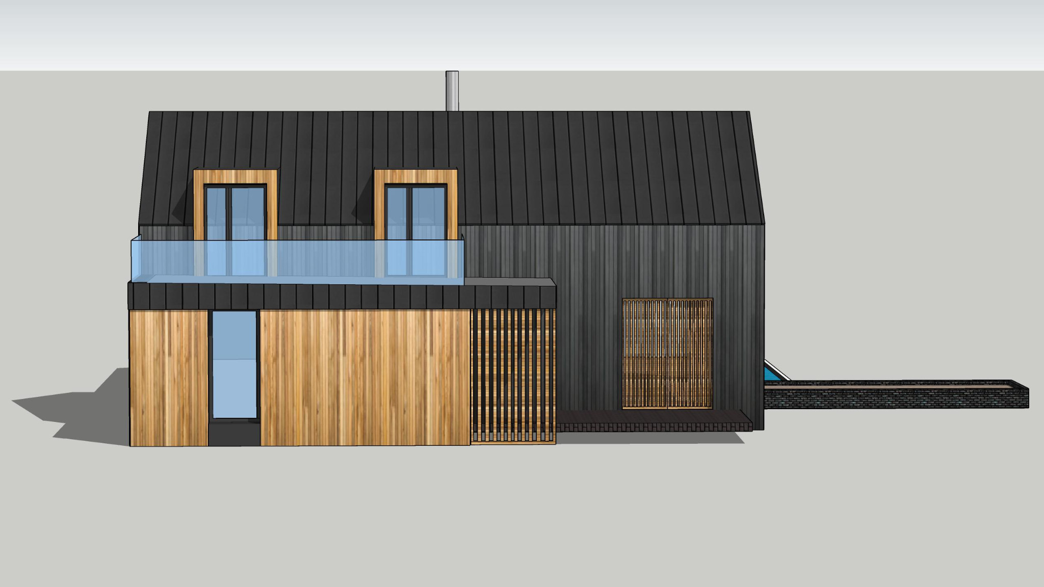 Wizualizacja 3D nowoczesnego domu z czarnym dachem, drewnianą elewacją i balkonem ze szklaną balustradą, z basenem widocznym z boku.