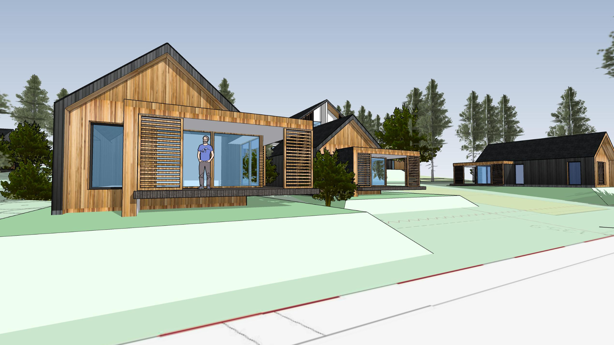Wizualizacja osiedla domów jednorodzinnych z drewnianą elewacją i dużymi przeszkleniami, z sylwetką mężczyzny na tarasie pierwszego budynku.