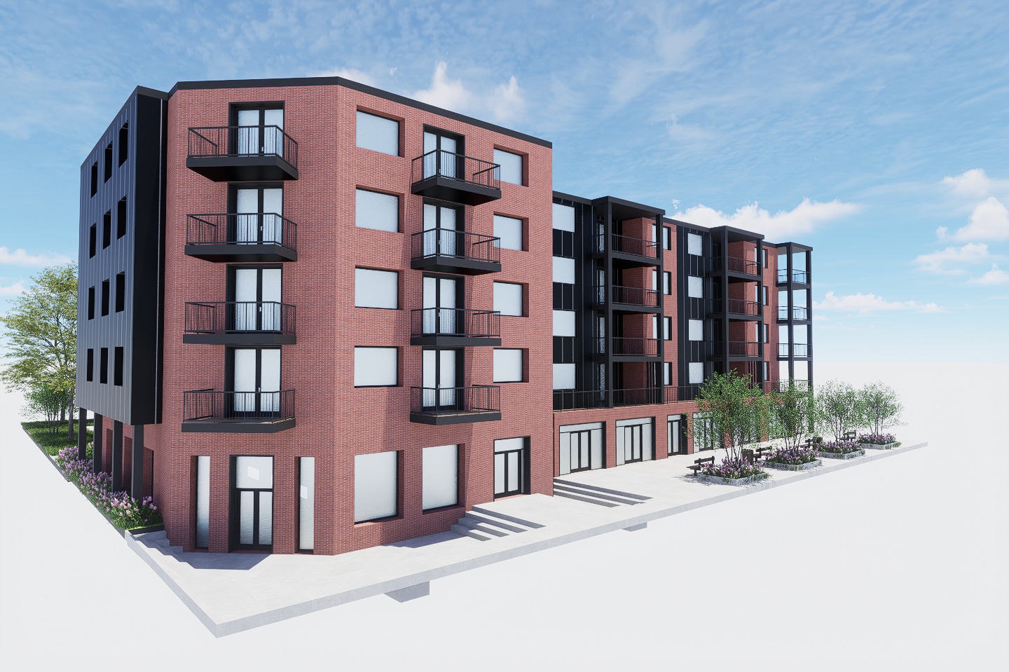 Wizualizacja budynku usługowego z ceglaną elewacją, czarnymi balkonami i dużymi oknami. Widoczne drzewa i krzewy w otoczeniu budynku. Błękitne niebo z chmurami w tle.