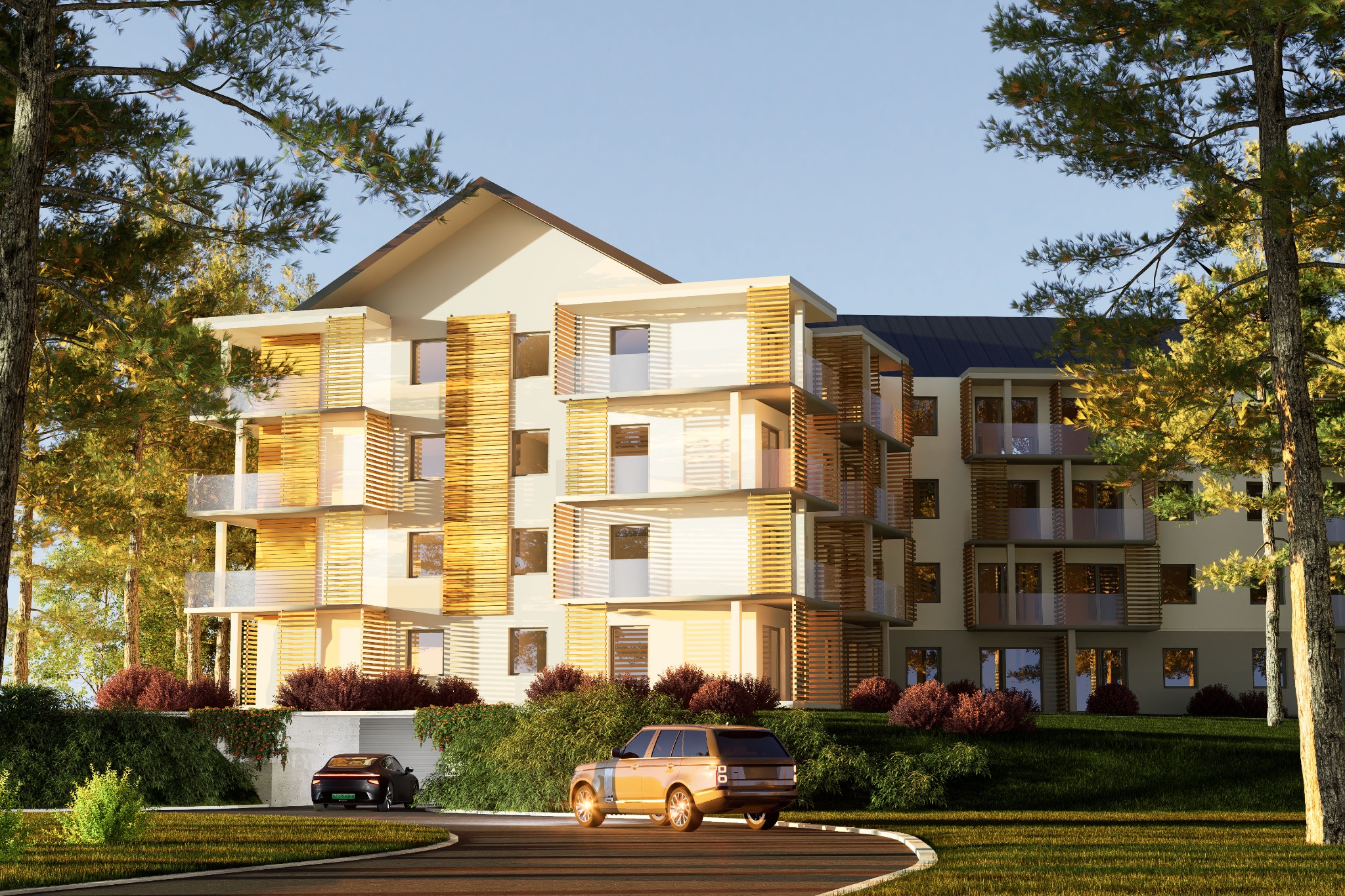 Wizualizacja nowoczesnego, wielopiętrowego budynku apartamentowego z drewnianymi elementami elewacji, otoczonego zielenią i z dwoma samochodami na podjeździe.