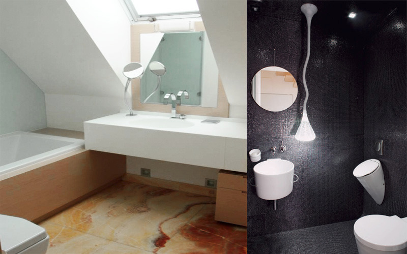 Dwie aranżacje łazienek: po lewej jasna z marmurową podłogą i skośnym sufitem z oknem dachowym, po prawej ciemna z mozaiką na ścianach i wiszącą lampą w kształcie kropli.