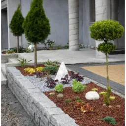 Ogród z kamienną rabatą, drzewami formowanymi i korą. Biały kamień dekoracyjny, szare kamyczki. Betonowe kolumny z spiralnym wzorem w tle. Estetyczna aranżacja.