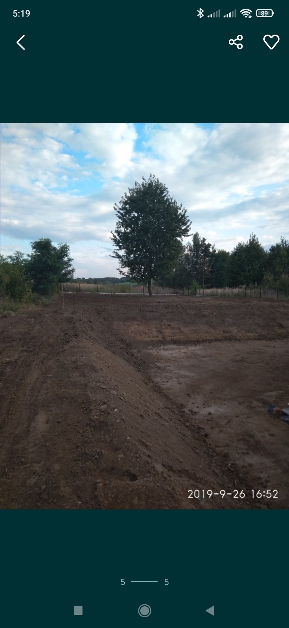 Przygotowanie terenu pod trawnik z rolki, widoczne wyrównane podłoże z drzewem w tle, data na zdjęciu 2019-09-26.