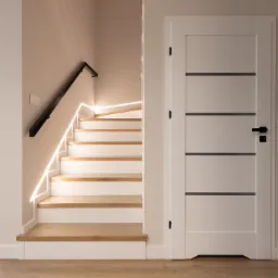 Nowoczesne schody z drewnianymi stopniami i białymi podstopnicami, podświetlone taśmą LED, obok białe drzwi wewnętrzne z czarnymi poziomymi paskami i czarną klamką, na podłodze panele drewnopodobne.