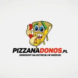 Kreskówkowy kawałek pizzy z dużymi oczami i słuchawką telefoniczną, nad napisem PIZZANADONOS.PL i hasłem DONOSIMY NAJSZYBCIEJ W MIEŚCIE!