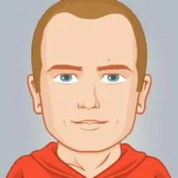 Karykaturalny portret mężczyzny z jasnymi włosami i niebieskimi oczami, ubrany w czerwoną bluzę z kapturem, na jednolitym szarym tle.