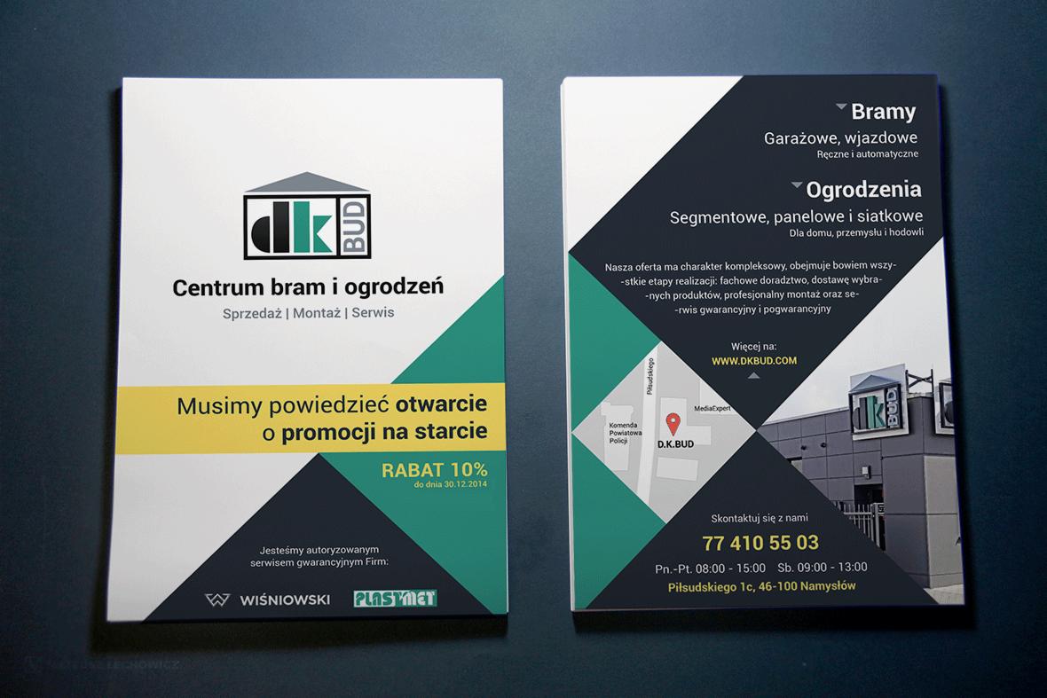 Dwie ulotki reklamowe firmy oferującej bramy i ogrodzenia, z logo firmy D.K.BUD, informacjami kontaktowymi, mapką dojazdu i hasłem o promocji.