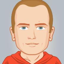 Karykaturalny portret mężczyzny z jasnymi włosami i niebieskimi oczami, ubrany w czerwoną bluzę z kapturem, na jednolitym szarym tle.