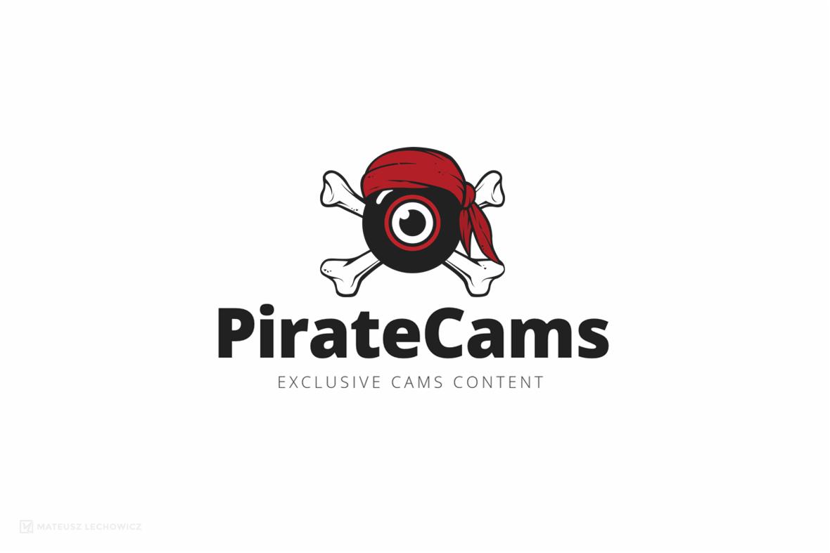 Logo firmy z Namysłowa przedstawiające oko kamery w pirackiej chuście na tle skrzyżowanych kości, z napisem 'PirateCams' i podtytułem 'EXCLUSIVE CAMS CONTENT'.
