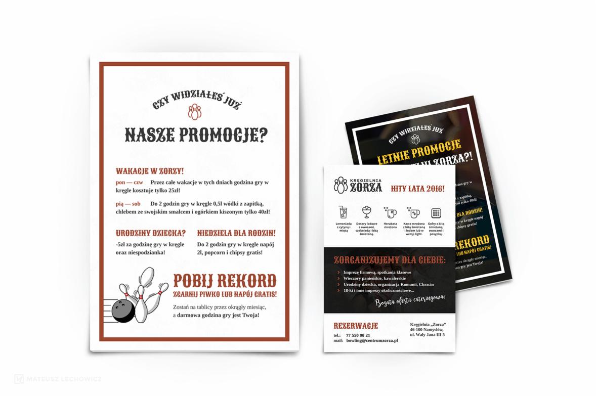 Ulotka reklamowa kręgielni z ofertą promocyjną, zawierająca informacje o wakacyjnych zniżkach, urodzinach dla dzieci, niedzieli dla rodzin oraz możliwości pobicia rekordu. Widoczne logo kręgielni...