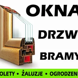 Przekrój okna drewnopodobnego z szybami zespolonymi, obok napisy: okna, drzwi, bramy, rolety, żaluzje, ogrodzenia. Widoczne detale konstrukcyjne.