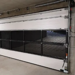 Zamknięta, segmentowa brama z kratką wentylacyjną w garażu podziemnym, widoczne sprężyny i mechanizm otwierania.