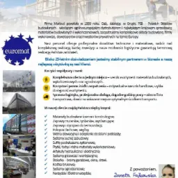 Ulotka reklamowa firmy Marbud z Grupy PSB, dystrybutora materiałów budowlanych, prezentująca logo firmy, budynek w trakcie budowy na górze oraz listę oferowanych produktów i usług na dole.