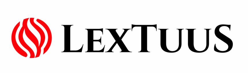 Logo firmy LEXTUUS z czerwonym, kulistym symbolem po lewej i czarnym napisem nazwy firmy po prawej, na białym tle.