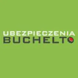 Zielone logo 'Ubezpieczenia Buchelto' z czerwonym elementem graficznym po prawej. Prosty, czytelny font, centralne umiejscowienie na jednolitym tle.