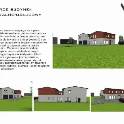 Wizualizacja budynku mieszkalno-usługowego z dwoma oddzielnymi mieszkaniami, z przeszklonym tarasem, modułowymi ściankami szklanymi i kominkiem, w Katowicach, z logo firmy W-Pol.