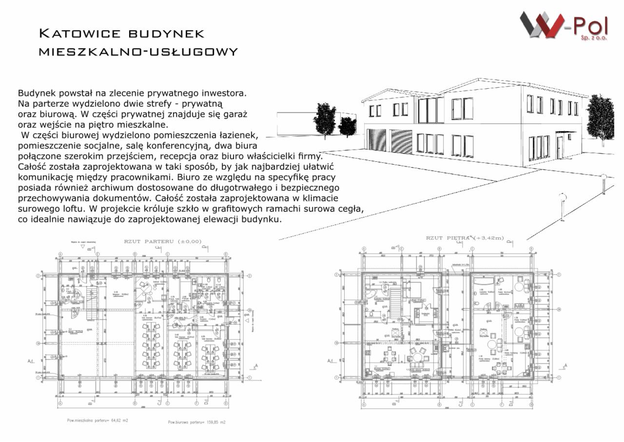 Wizualizacja budynku mieszkalno-usługowego w Katowicach, przedstawiająca elewację oraz rzuty parteru i piętra, z uwzględnieniem podziału na strefę prywatną i biurową, z elementami loftowego designu.