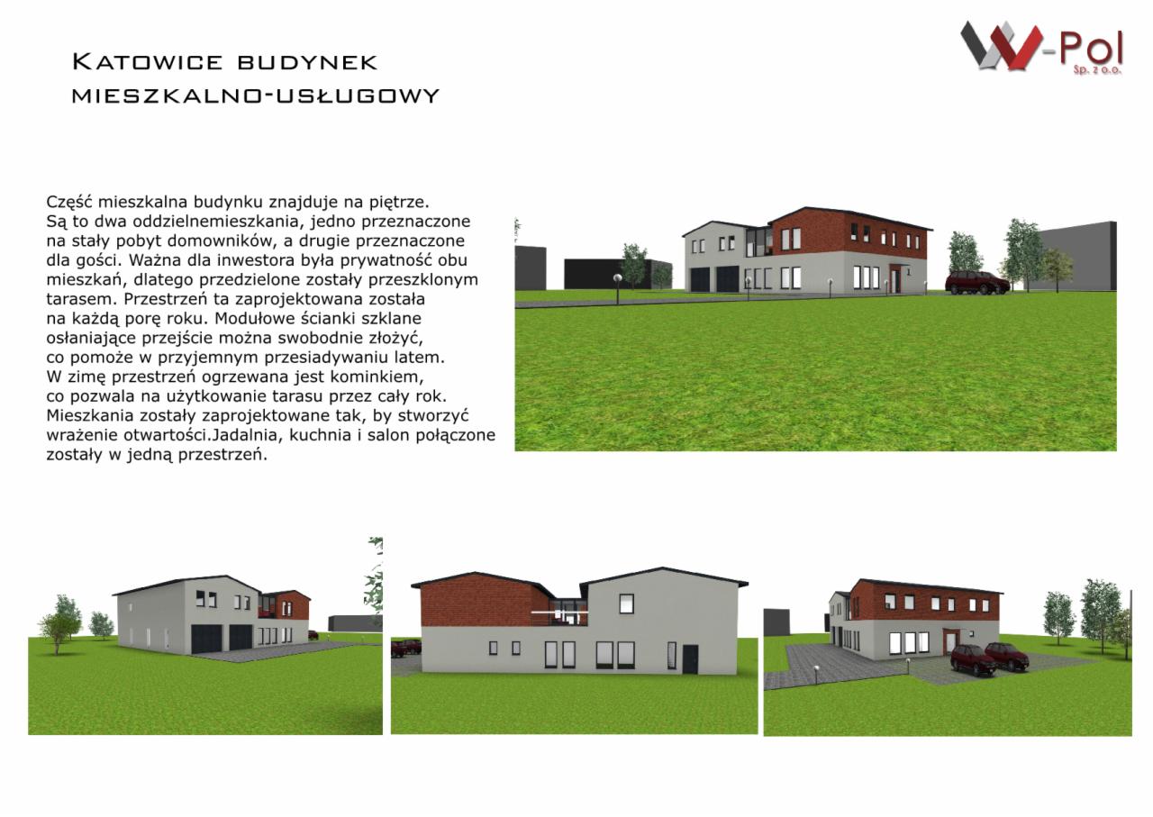 Wizualizacja projektu architektonicznego budynku mieszkalno-usługowego w Rybniku, prezentująca bryłę z różnych perspektyw, z uwzględnieniem zagospodarowania terenu i detali elewacji.