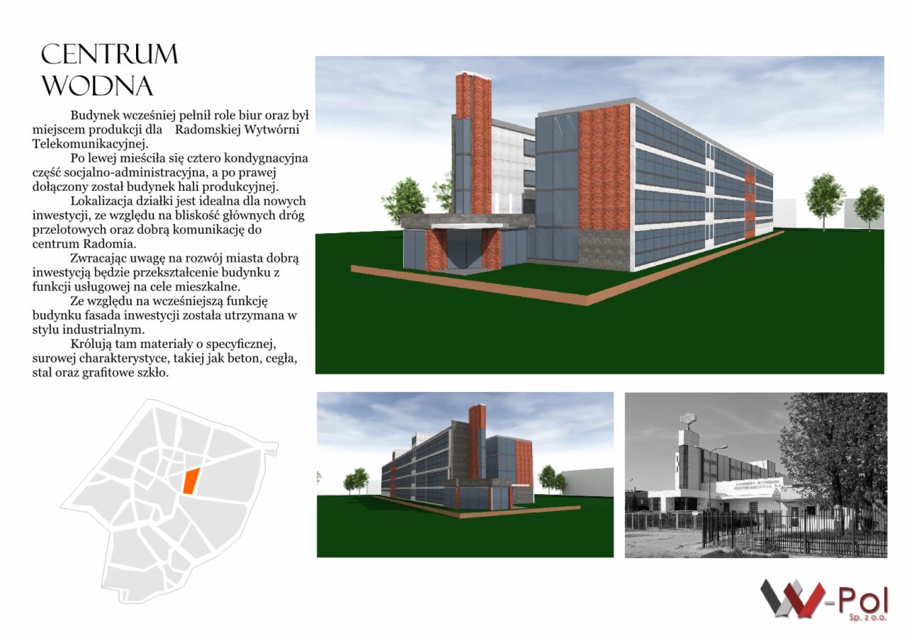 Wizualizacja 3D budynku usługowego z elementami cegły i szkła, otoczonego zielenią, z mapą lokalizacji i zdjęciem archiwalnym w tle.