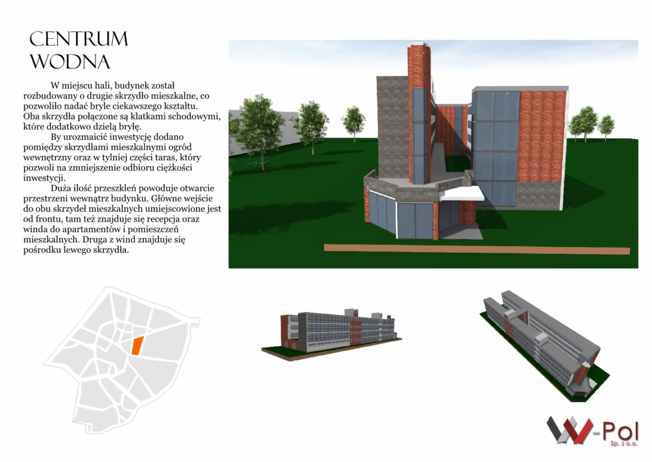 Wizualizacja 3D rozbudowanego budynku mieszkalnego z ogrodem wewnętrznym i tarasem, widok z zewnątrz, z dodatkowymi miniaturami budynku i planem sytuacyjnym oraz logo firmy.