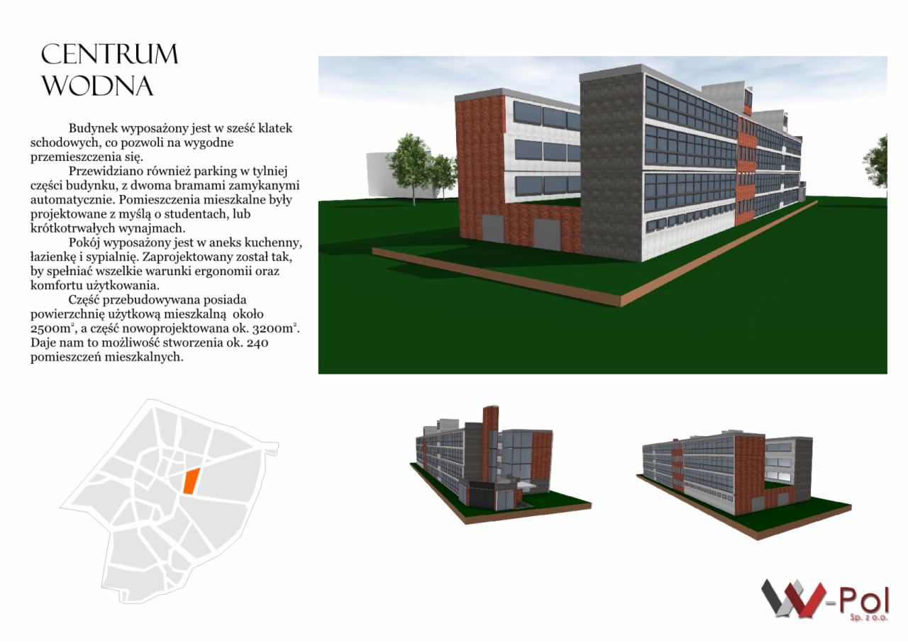 Wizualizacja 3D budynku mieszkalnego z elementami biurowymi, ukazująca bryłę z różnych perspektyw, z uwzględnieniem zagospodarowania terenu i planu sytuacyjnego w lewym dolnym rogu, podkreślająca...