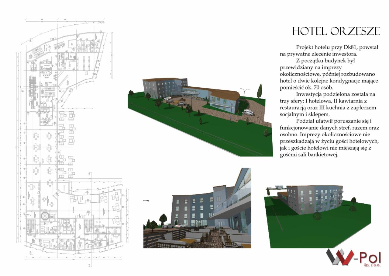 Wizualizacja hotelu Orzesze: rzut poziomy, model 3D z perspektywy oraz widok na taras restauracyjny z meblami.