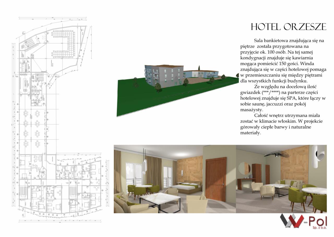 Wizualizacja projektu hotelu Orzesze, zawierająca rzut poziomy, model 3D budynku oraz aranżację wnętrz w klimacie włoskim, z ciepłymi barwami i naturalnymi materiałami.