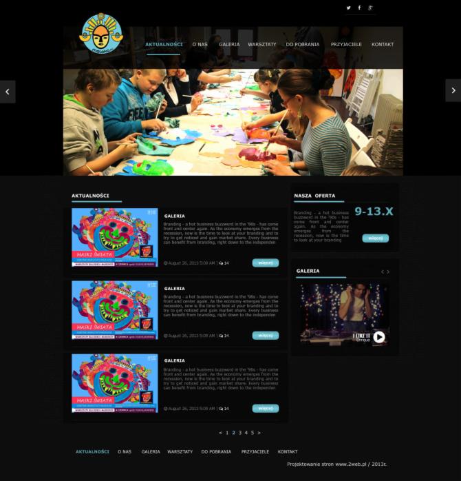 Strona internetowa z galerią zdjęć przedstawiającą warsztaty plastyczne dla dzieci, z logo 'maloka.org.pl' w lewym górnym rogu.