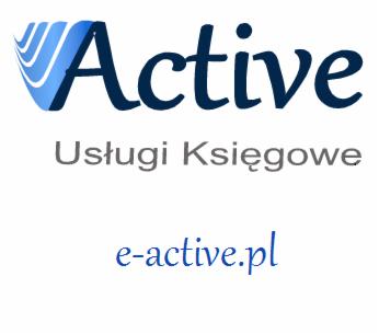 Logo firmy 'Active Usługi Księgowe' z adresem strony internetowej 'e-active.pl' w kolorze niebieskim, na białym tle.