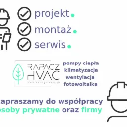 Grafika wektorowa prezentująca ofertę firmy Rapacz HVAC: projekt, montaż i serwis instalacji, w tym odnawialnych źródeł energii, z zaproszeniem do współpracy dla osób prywatnych i firm.