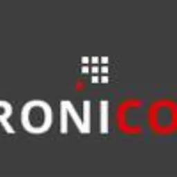 Ciemnoszary logotyp firmy PRONICOM z białym symbolem nad napisem, wyróżniający się czerwonym elementem w literze 'I'.