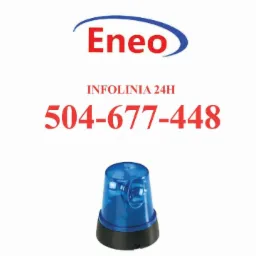 Ogłoszenie pogotowia elektrycznego 24h Bydgoszcz i okolice z logo Eneo, infolinią 24h i numerem telefonu oraz niebieskim światłem ostrzegawczym.