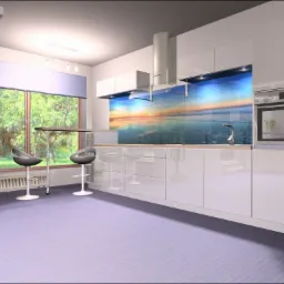 Wizualizacja nowoczesnej kuchni z białymi, błyszczącymi szafkami, szklanym panelem nad blatem z motywem pejzażu, dwoma hokerami przy barku i kaktusem w doniczce przy oknie.