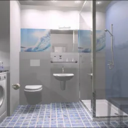 Wizualizacja łazienki z pralką, umywalką i kabiną prysznicową z motywem morskiej fali na ścianach i niebieską mozaiką na podłodze.