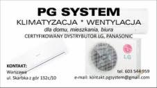 Reklama firmy PG System oferującej usługi klimatyzacji i wentylacji dla domów, mieszkań i biur. Na grafice widoczne logo firmy, informacja o certyfikowanym dystrybutorstwie LG i Panasonic oraz dane...