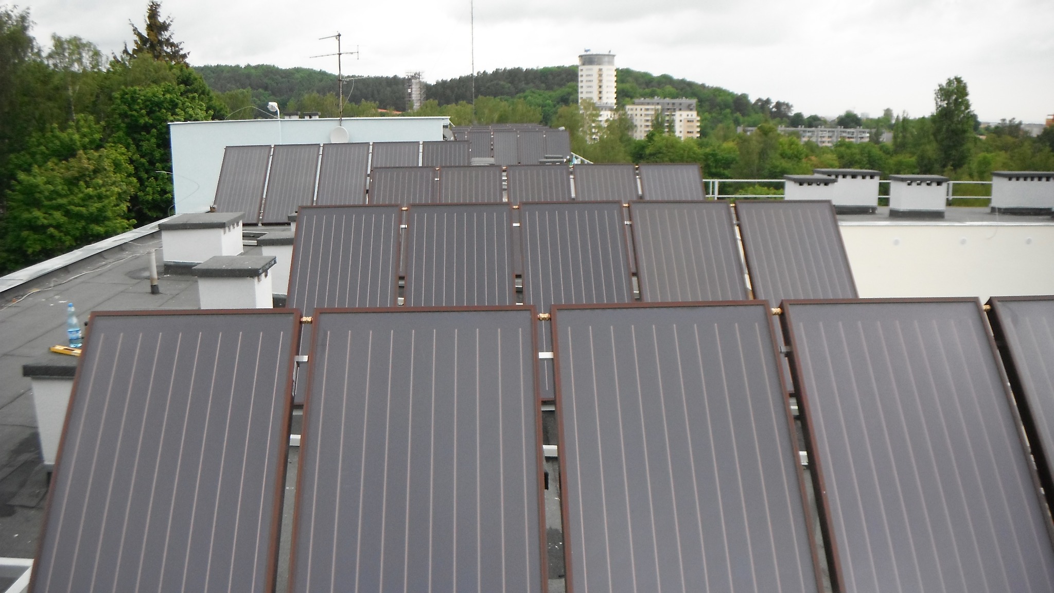 Rząd paneli słonecznych na płaskim dachu budynku, widok z góry, w tle zabudowa miejska i zieleń.