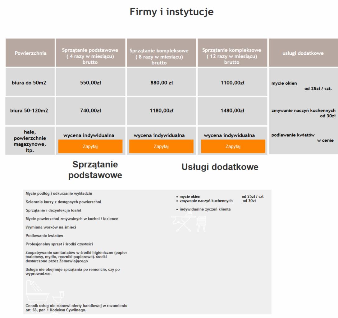 Cennik usług sprzątania dla firm i instytucji, zawierający tabelę z cenami za sprzątanie podstawowe i kompleksowe biur oraz hal, a także usługi dodatkowe, takie jak mycie okien i zmywanie naczyń...