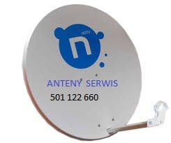 Biała antena satelitarna z niebieskim logo firmy 'n' HDTV, poniżej napis 'ANTENY SERWIS' i numer telefonu na białym tle.