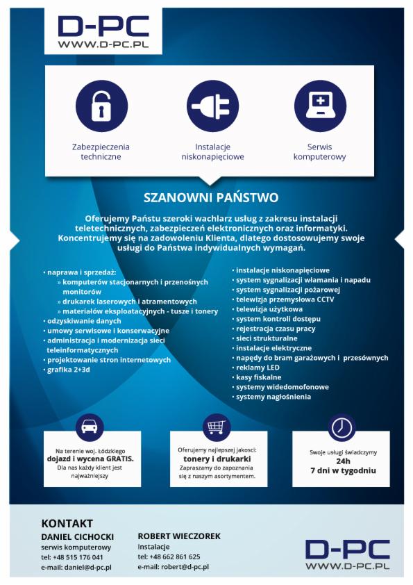 Grafika reklamowa firmy D-PC oferującej instalacje teletechniczne, zabezpieczenia elektroniczne i informatykę, w tym systemy sygnalizacji włamania, instalacje niskonapięciowe, telewizję przemysłową...