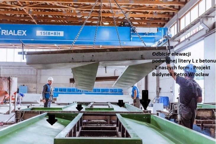 Prefabrykowany element betonowy w kształcie podwójnej litery L, podnoszony przez suwnicę w hali produkcyjnej, widoczni pracownicy w kaskach, forma do odlewu.
