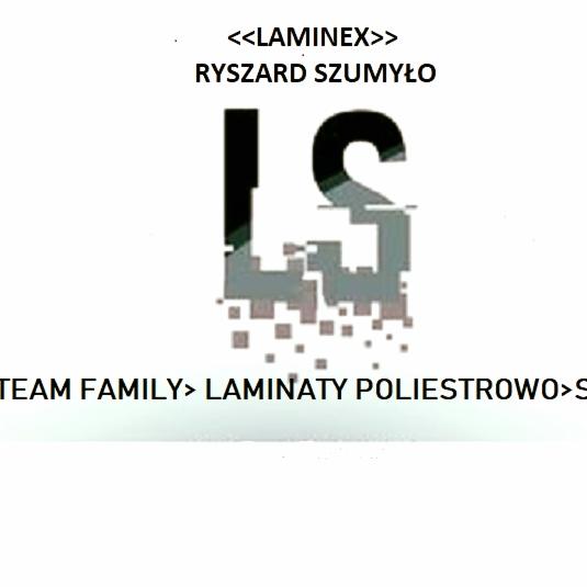 Logo firmy Laminex Ryszard Szumyło z motywem pikseli i nazwą laminaty poliestrowo.