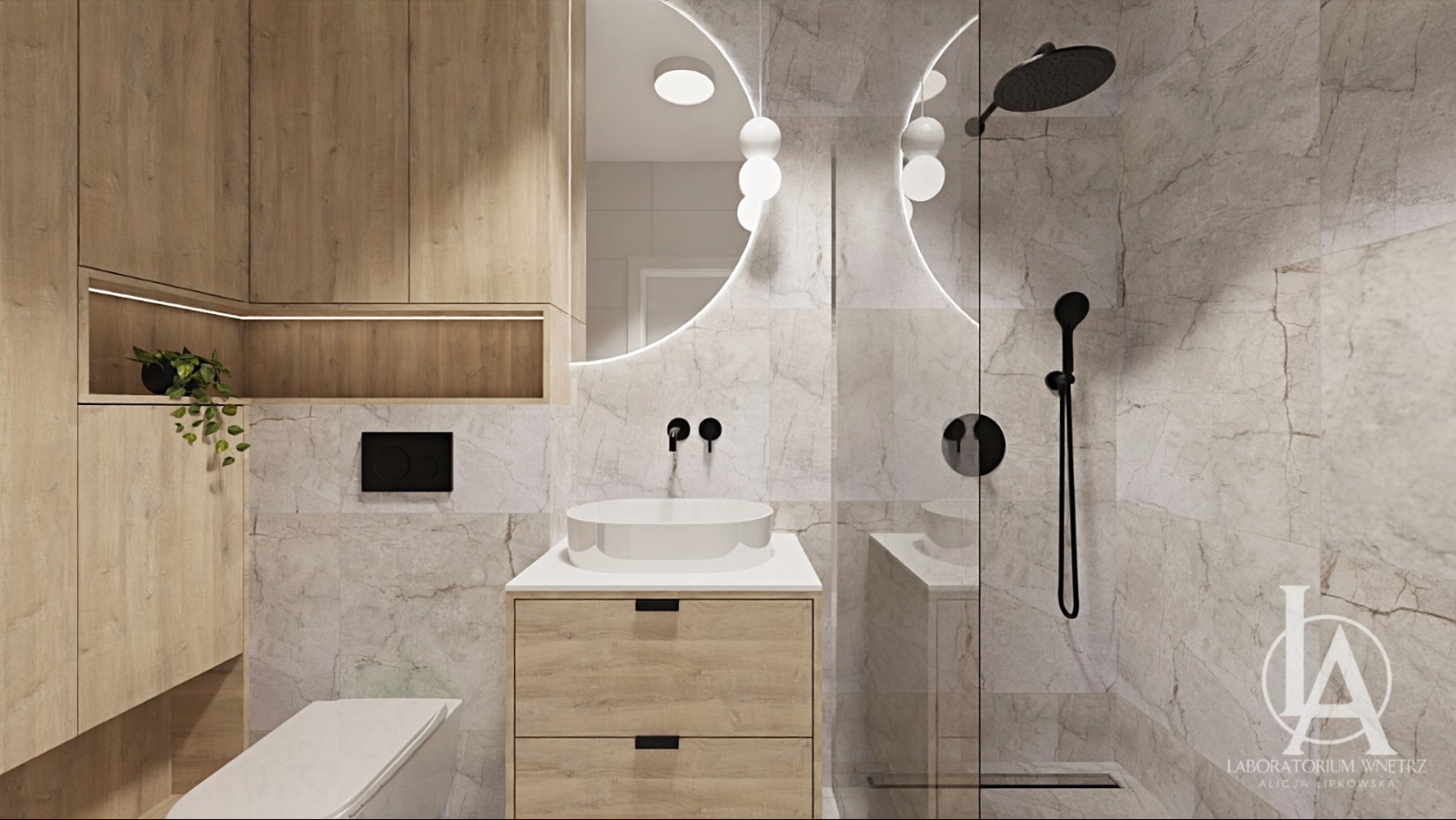 Nowoczesna łazienka z drewnianymi szafkami, okrągłym lustrem z podświetleniem LED, białą umywalką nablatową i kabiną prysznicową typu walk-in z czarną armaturą na marmurowych płytkach.