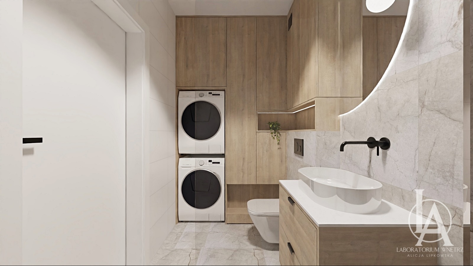 Nowoczesna łazienka z drewnianymi szafkami, pralką i suszarką w słupku, umywalką nablatową na blacie z szufladami oraz dużym, podświetlanym lustrem o nieregularnym kształcie.