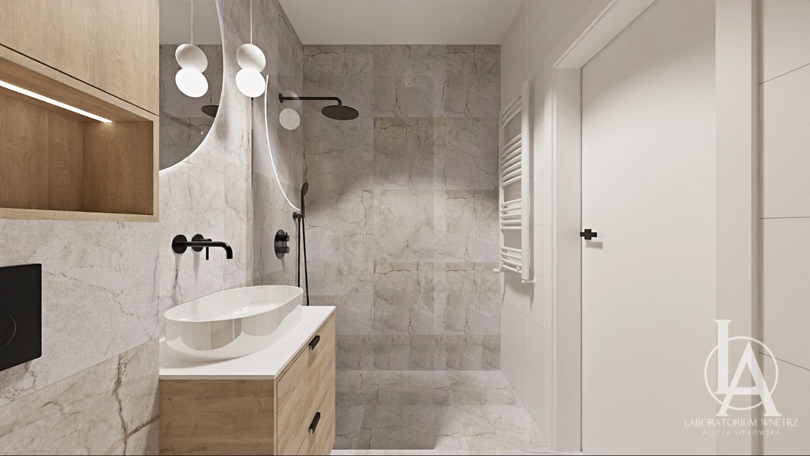 Nowoczesna łazienka z marmurowymi płytkami, owalną umywalką nablatową, czarną armaturą i okrągłym lustrem z podświetleniem LED, drewniana szafka pod umywalką z szufladami.