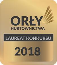 Złota plakietka z napisem 'ORŁY HURTOWNICTWA LAUREAT KONKURSU 2018' i graficznym symbolem.