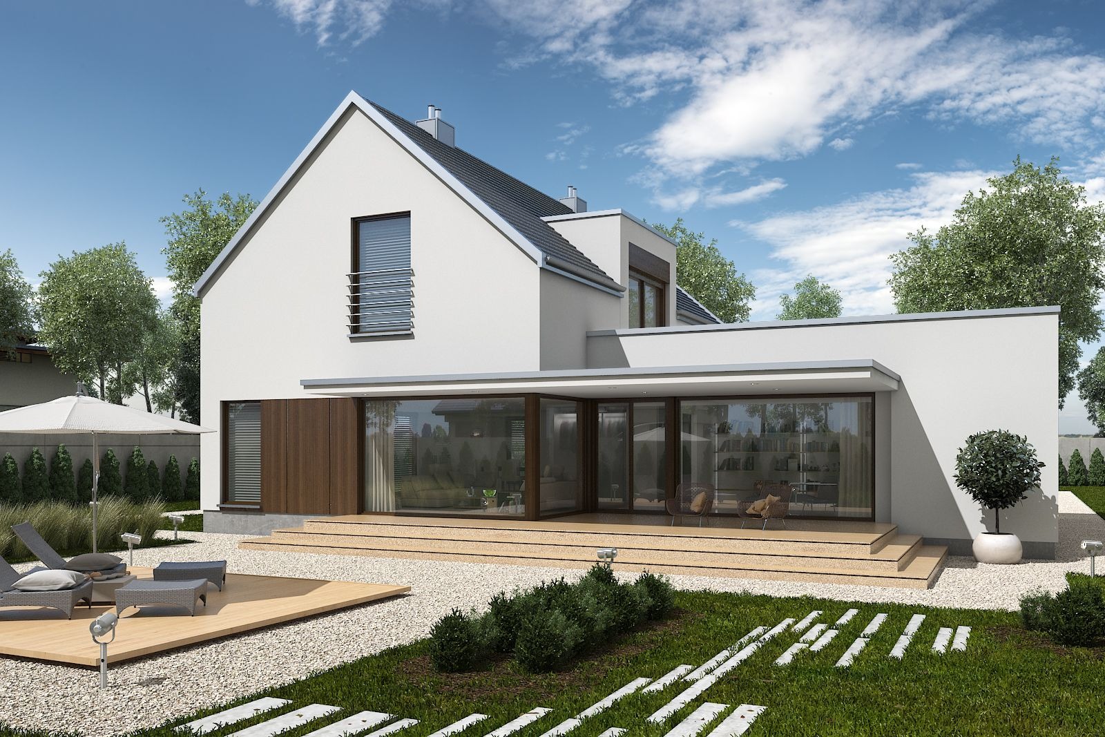 Wizualizacja nowoczesnego, białego domu jednorodzinnego z dużymi przeszkleniami i drewnianymi elementami, taras z drewnianą podłogą i meblami ogrodowymi, otoczenie: trawnik z kamiennymi płytami...