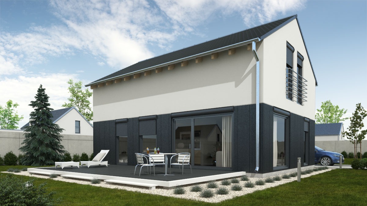 Nowoczesny dom z szarymi roletami zewnętrznymi, tarasem z meblami ogrodowymi i schludnym trawnikiem w słoneczny dzień.