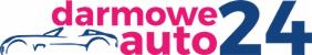 Logo firmy oferującej darmowe auto zastępcze z OC sprawcy, zarys samochodu i napis 'darmowe auto 24' w kolorach różowym i niebieskim.