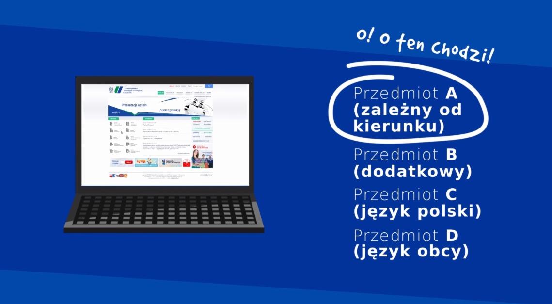 Animacja 2D przedstawiająca laptopa z wyświetloną stroną internetową uczelni oraz objaśnienia przedmiotów nauczania w formie tekstu i grafiki.